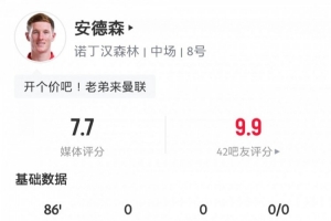 闪耀安菲尔德！安德森数据：3次关键传球，长传成功率57.1%
